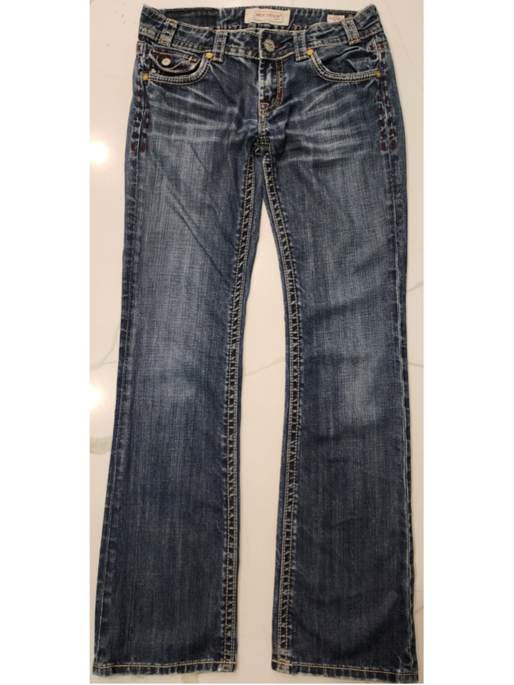 MEK Denim USA Y2K Jeans 28x34 Bootcut Flap Pocket Embroidered Thick Stitch
